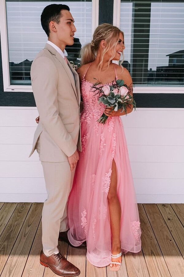 Lace Up Back Pink A-Line Empire-Waist Lace Appliques Long Prom Dresses