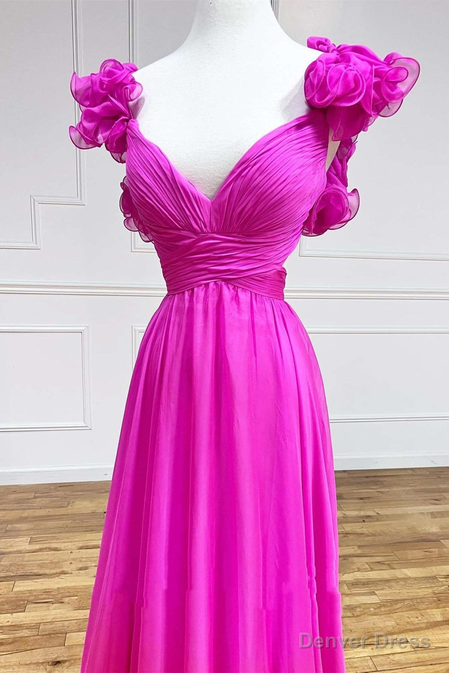 Lace Up Fuchsia V Neck Ruffle Pleated Long Prom Dresses