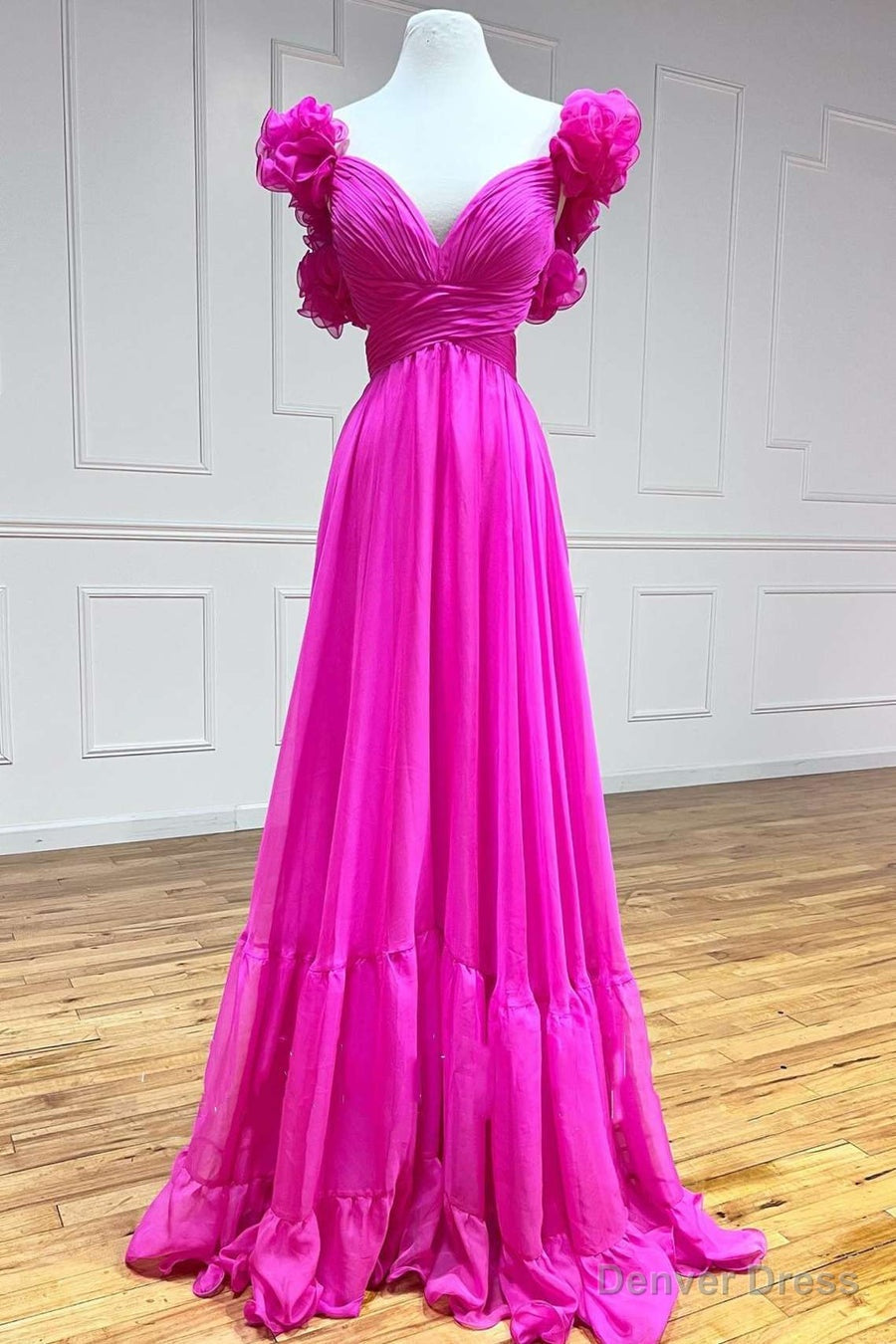 Lace-Up Fuchsia V-Neck Ruffle Pleated Long Prom Dress Main image
