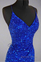 Lace Up High Slit Royal Blue Glitters Long Prom Dresses