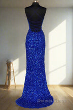 Lace Up High Slit Royal Blue Glitters Long Prom Dresses