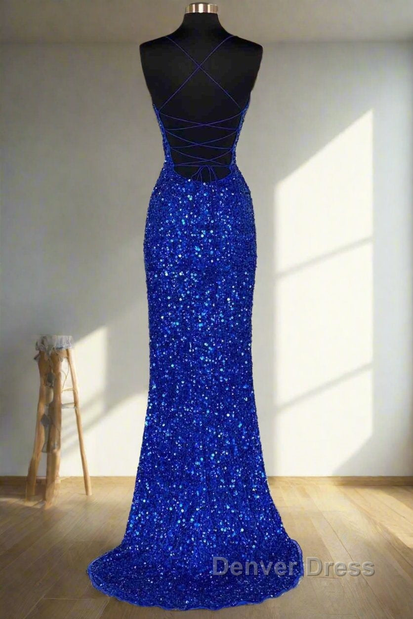 Lace Up High Slit Royal Blue Glitters Long Prom Dresses