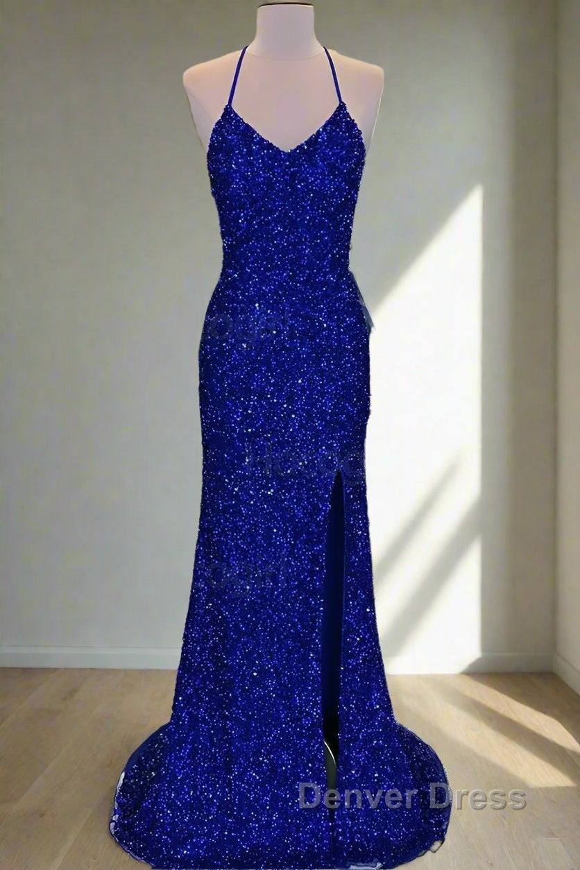 Lace Up High Slit Royal Blue Glitters Long Prom Dresses