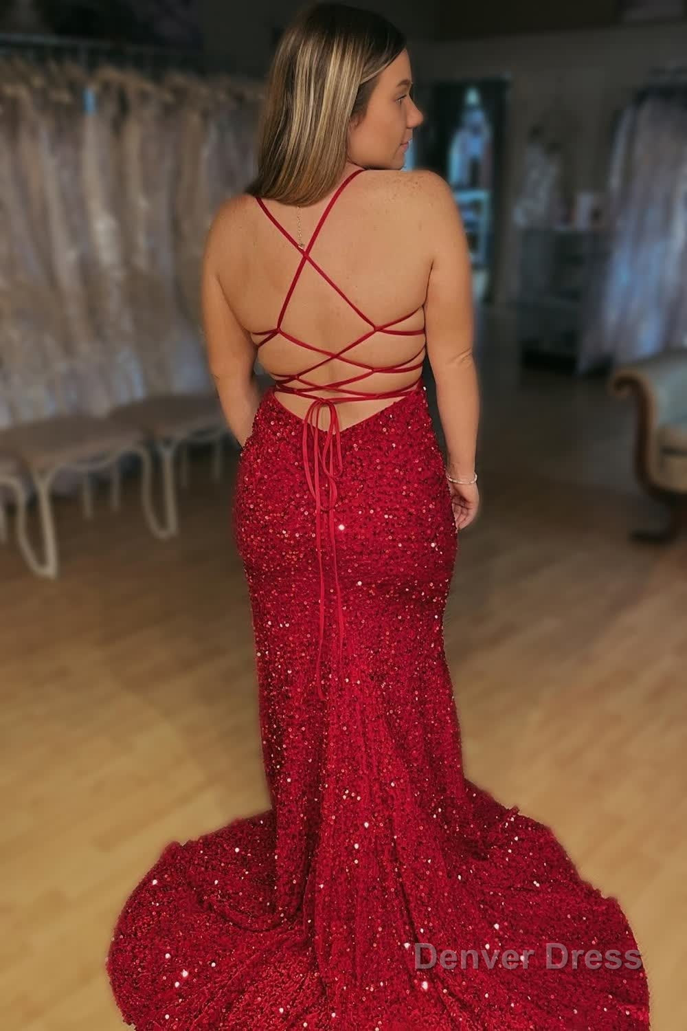 Lace Up Mermaid Sparkly Burgundy Sequins Long Prom Dresses with Slit