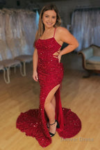 Lace Up Mermaid Sparkly Burgundy Sequins Long Prom Dresses with Slit