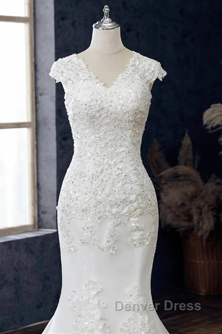 Lace V Neck Cap Sleeve Trumpet Wedding Dresses