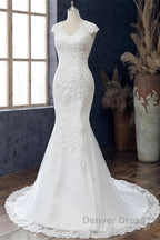 Lace V Neck Cap Sleeve Trumpet Wedding Dresses