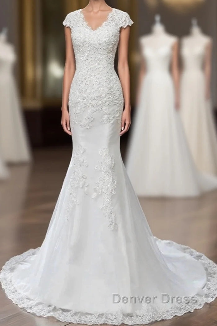 Lace V Neck Cap Sleeve Trumpet Wedding Dresses