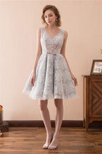 Lace V Neck Grey Short Homecoming Dresses with Ribbon