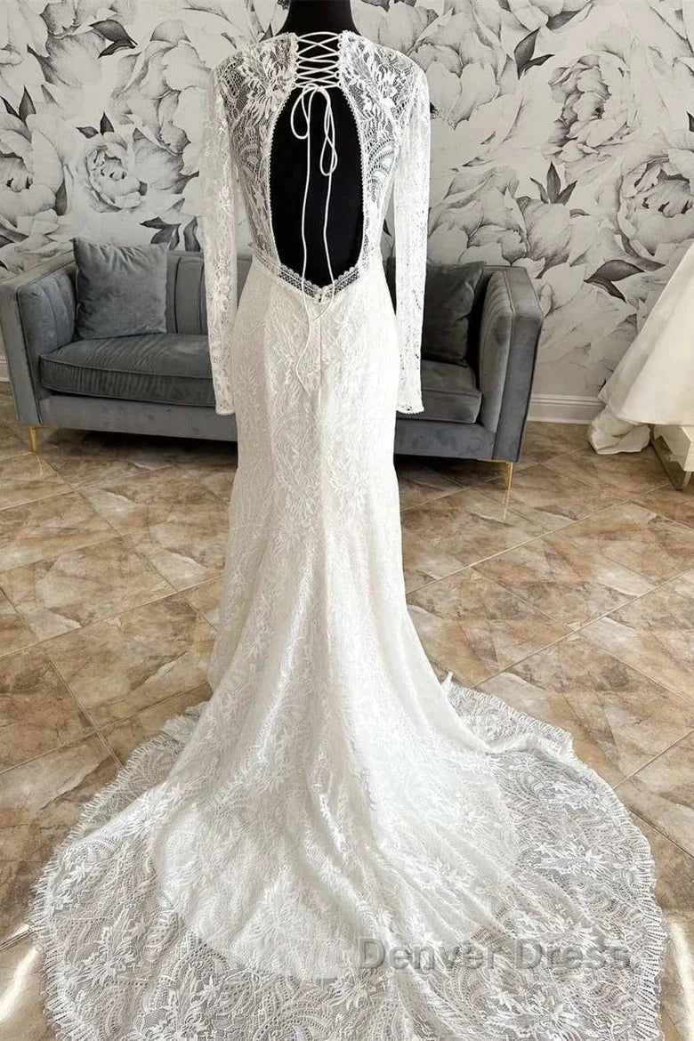 Lace V-Neck Lace-Up Back Long Sleeve Mermaid Wedding Dresses Secondary image