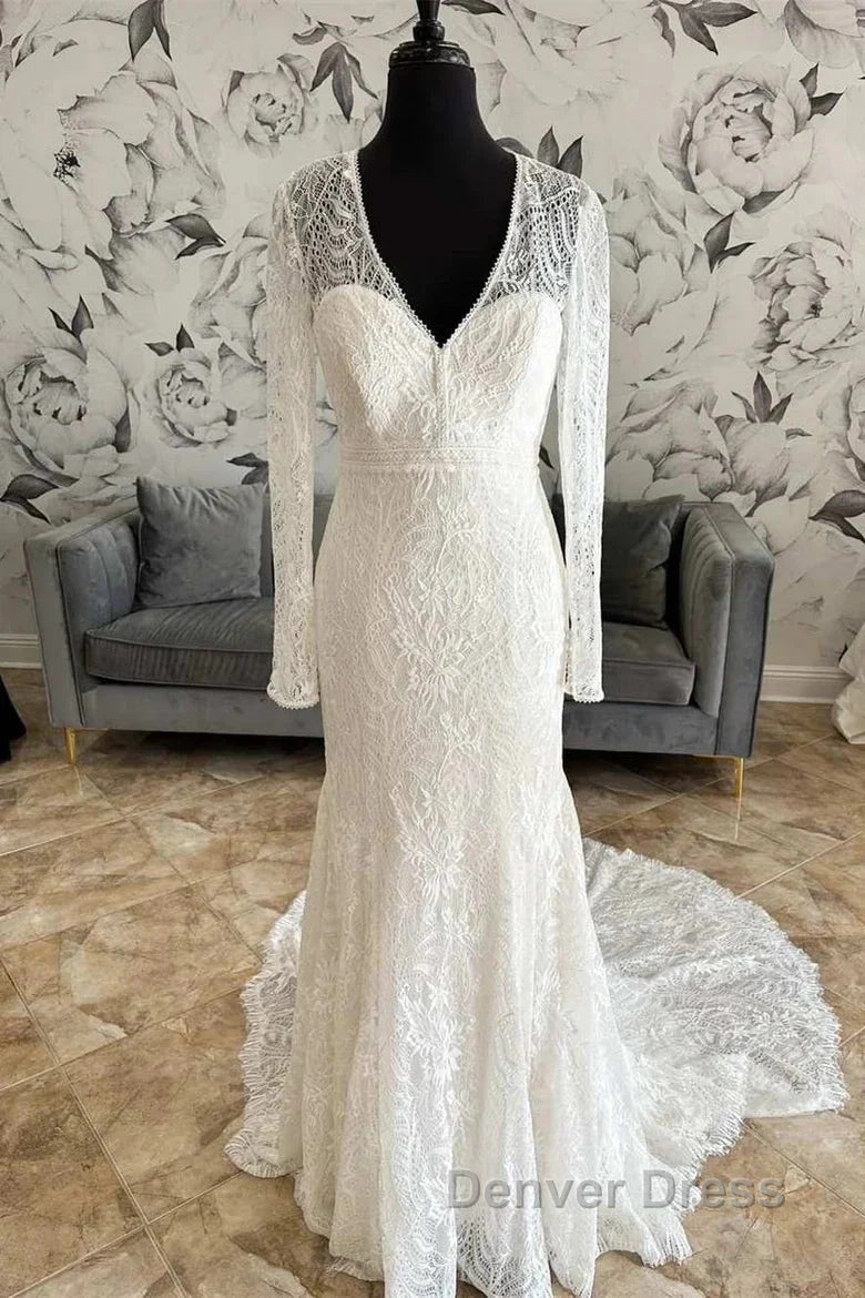 Lace V Neck Lace Up Back Long Sleeve Mermaid Wedding Dresses
