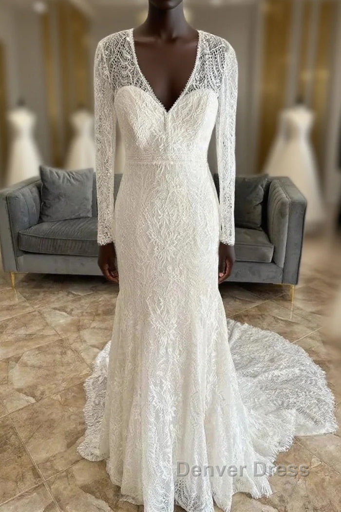 Lace V Neck Lace Up Back Long Sleeve Mermaid Wedding Dresses Main image