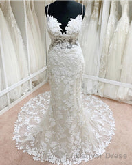 Lace V Neck Mermaid Wedding Dress Open Back