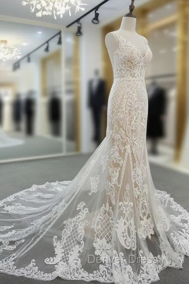 Lace V Neck Mermaid Wedding Dresses Main image