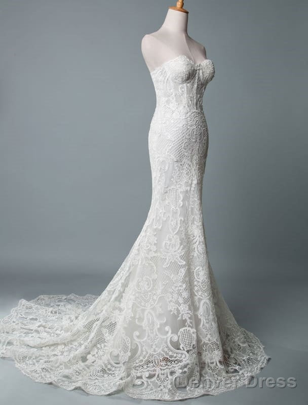Lace Wedding Dress Mermaid Sweetheart Strapless Sleeveless Floor Length With Train Bridal Dresses