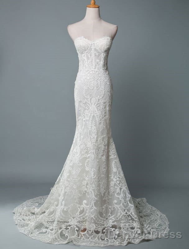 Lace Wedding Dress Mermaid Sweetheart Strapless Sleeveless Floor Length With Train Bridal Dresses Main image