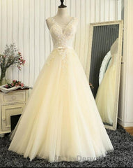 Lace Wedding Dresses, Lovely Light Champagne Tulle Long Lace Prom Dress