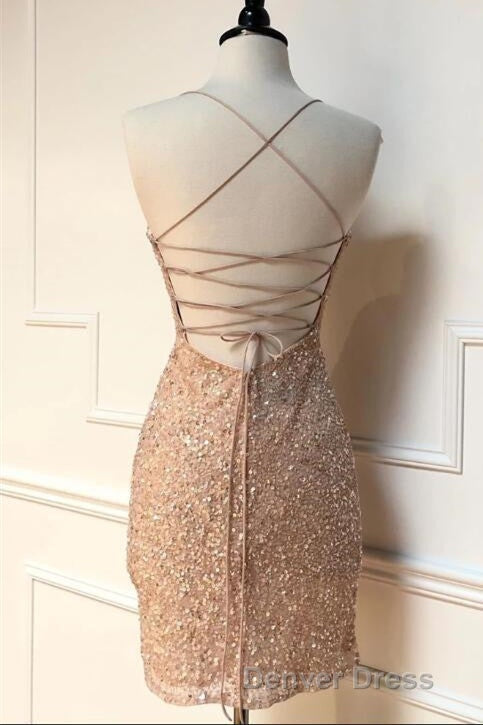 Sparkle Straps Tight Peach Sequins Short Homecoming Dresses