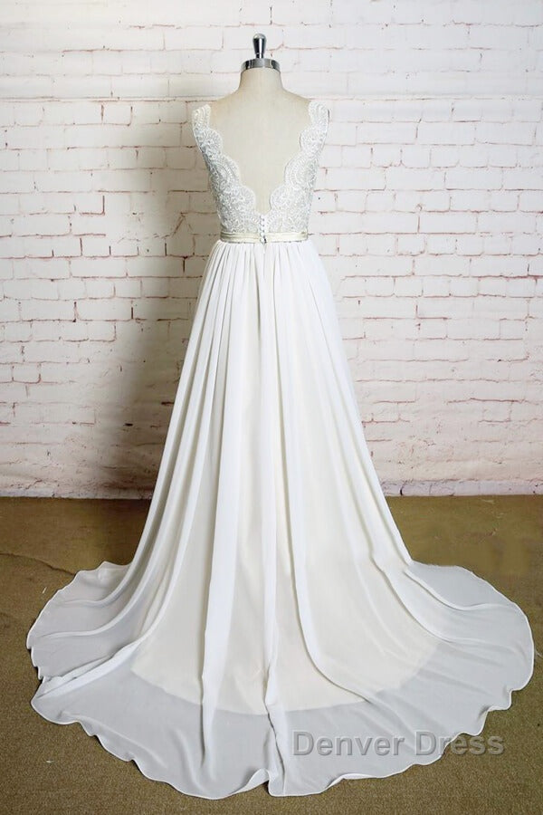 Latest Long A-line V-neck Lace Chiffon Wedding Dresses Secondary image