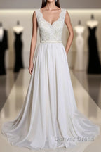 Latest Long A-line V-neck Lace Chiffon Wedding Dresses