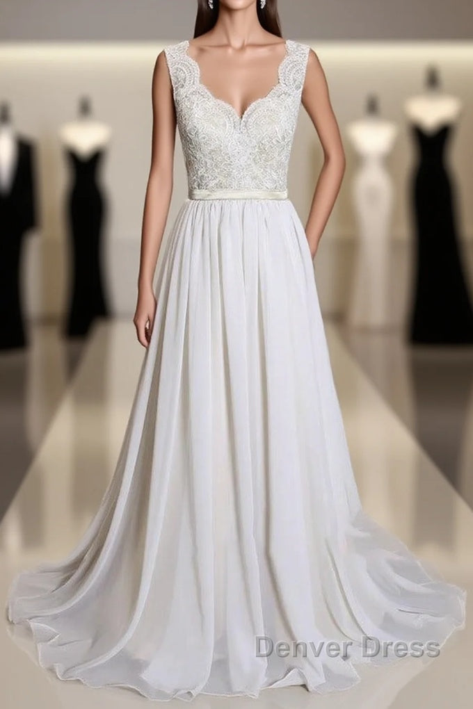 Latest Long A-line V-neck Lace Chiffon Wedding Dresses