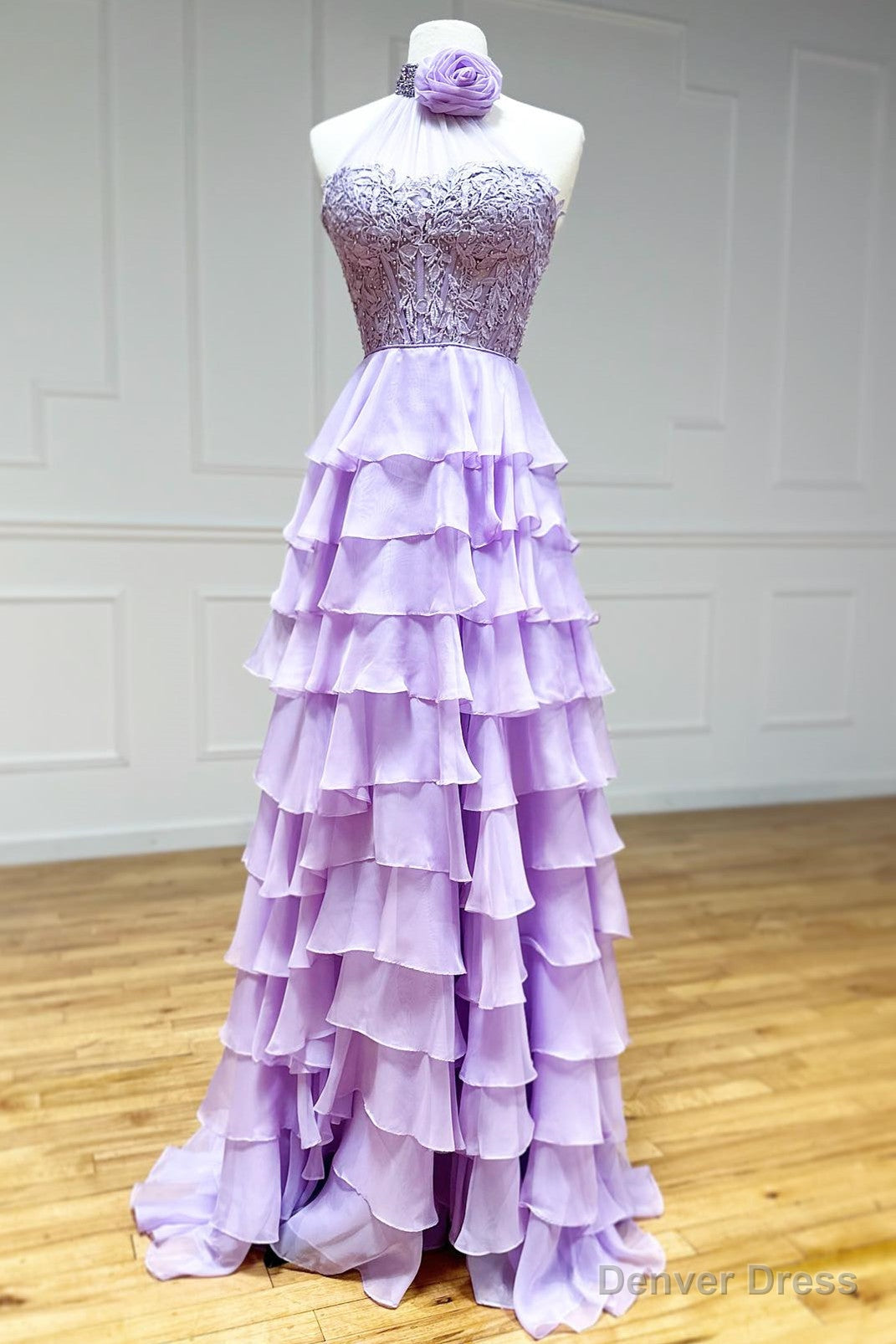Lavender A line High Neck Tiered Chiffon Prom Dress with 3D Flower Main image