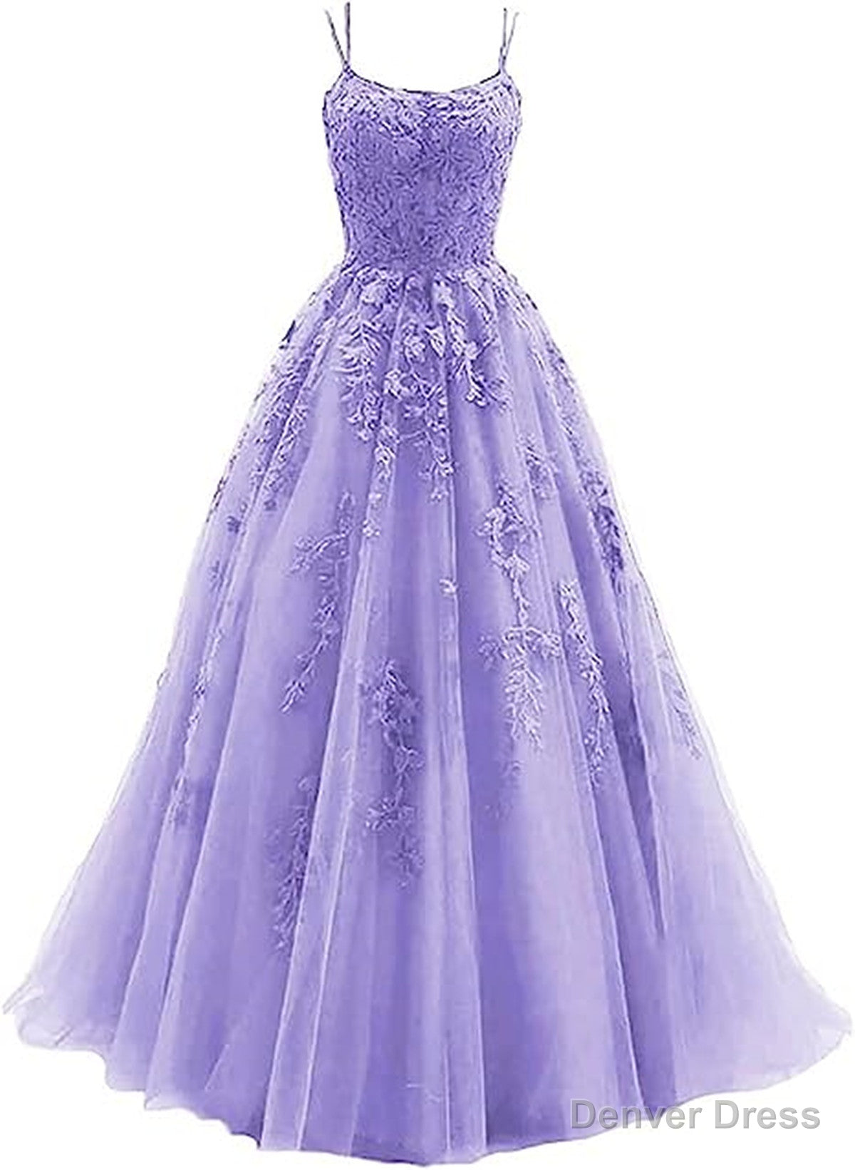 Lavender A-line Tulle with Lace Long Party Dress, Straps Lavender Prom Dress Main image