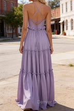 Lavender A-line V Neck Sleeveless Floor-Length Chiffon Prom Dress Long Prom Dresses Backless with Pleated Ruffles