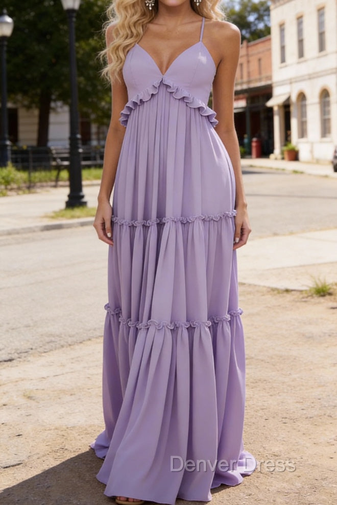 Lavender A-line V Neck Sleeveless Floor-Length Chiffon Prom Dress Long Prom Dresses Backless with Pleated Ruffles Main image