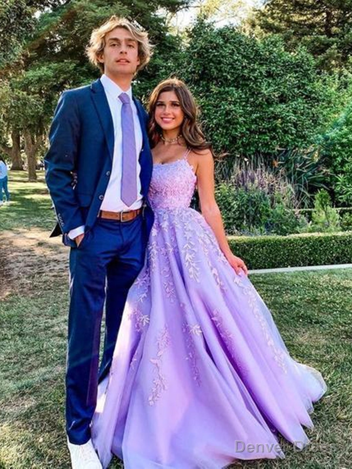 Lavender Applique Tulle Long Prom Dresses, Purple Lace Graduation Dresses Formal Gown Main image