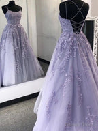 Lavender Applique Tulle Long Prom Dress, Purple Lace Graduation Dresses Prom Gowns
