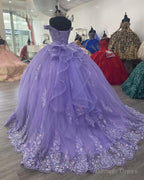 Lavender Corset Mexican Quinceanera Dresses Ball Gowns,Appliques Lace Birthday Prom Vestidos De XV Anos