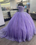 Lavender Corset Mexican Quinceanera Dresses Ball Gowns,Appliques Lace Birthday Prom Vestidos De XV Anos