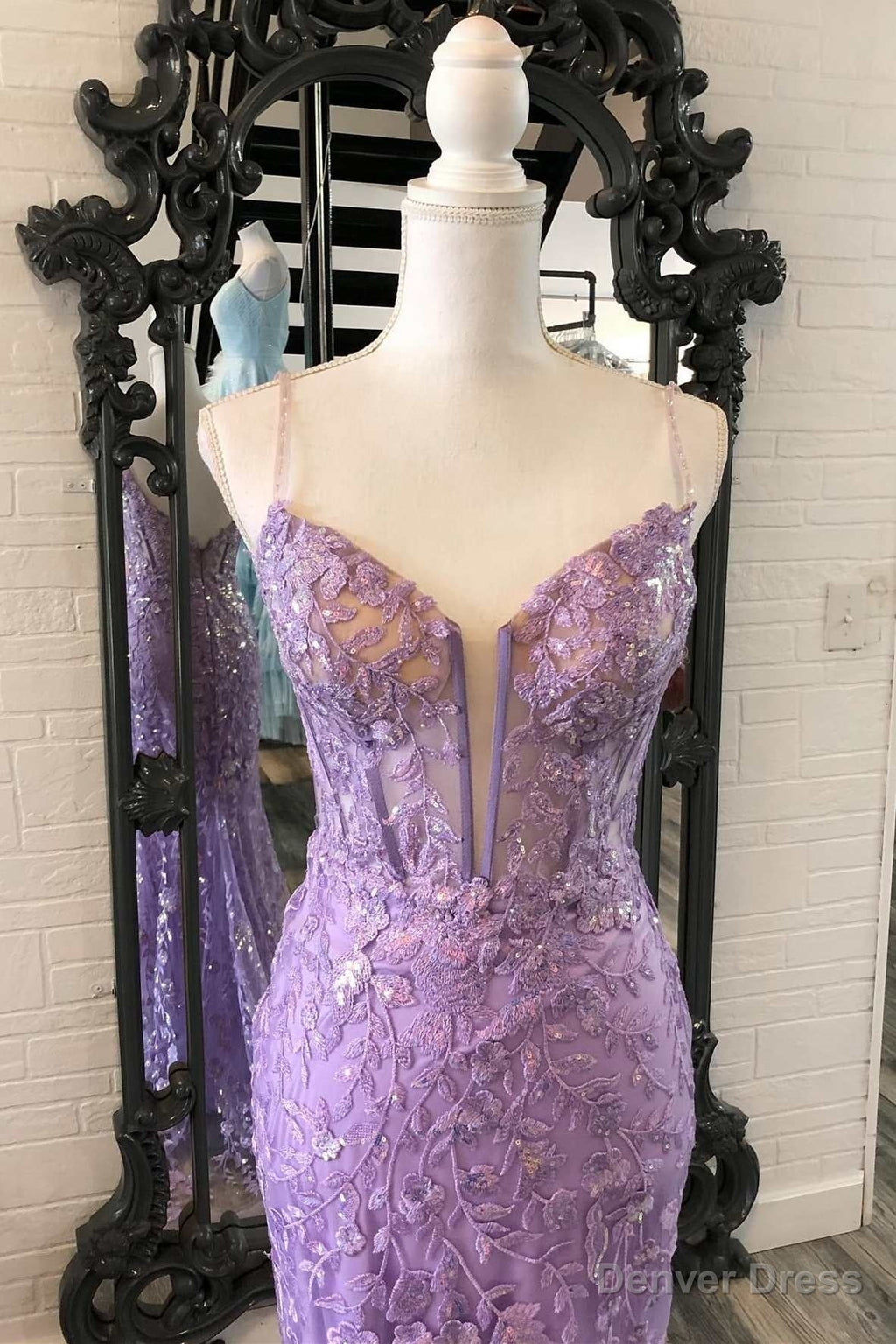 Lavender Floral Appliques Deep V Neck Mermaid Long Prom Dress Gala Dresses Prom