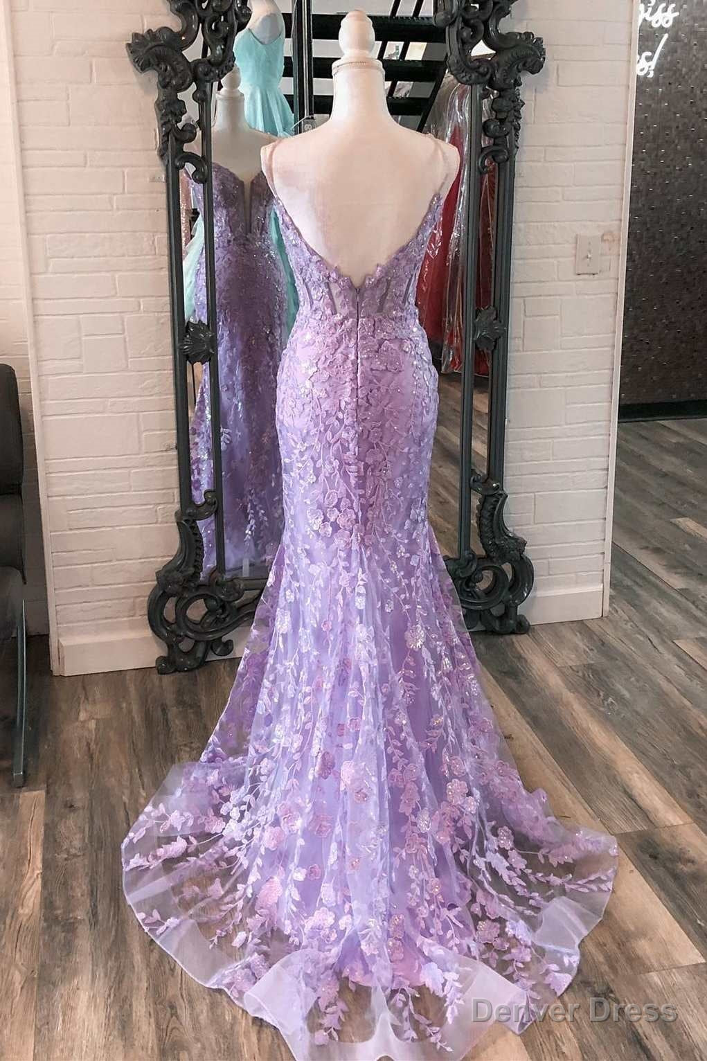 Lavender Floral Appliques Deep V Neck Mermaid Long Prom Dresses Gala Dress Formal Main image
