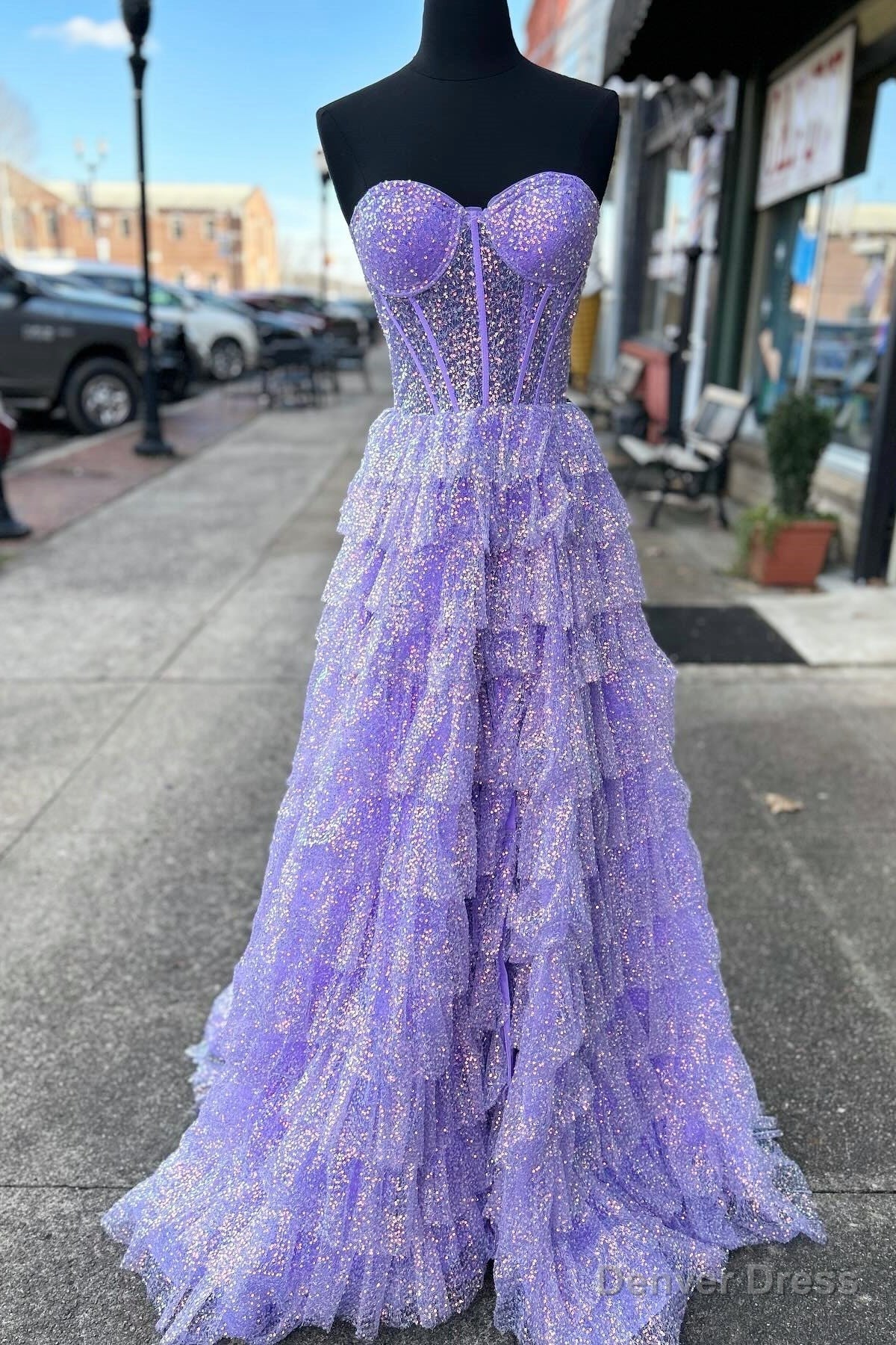 Lavender Glitter Tulle Corset Ruffle Tiered Long Prom Dress with Slit Main image
