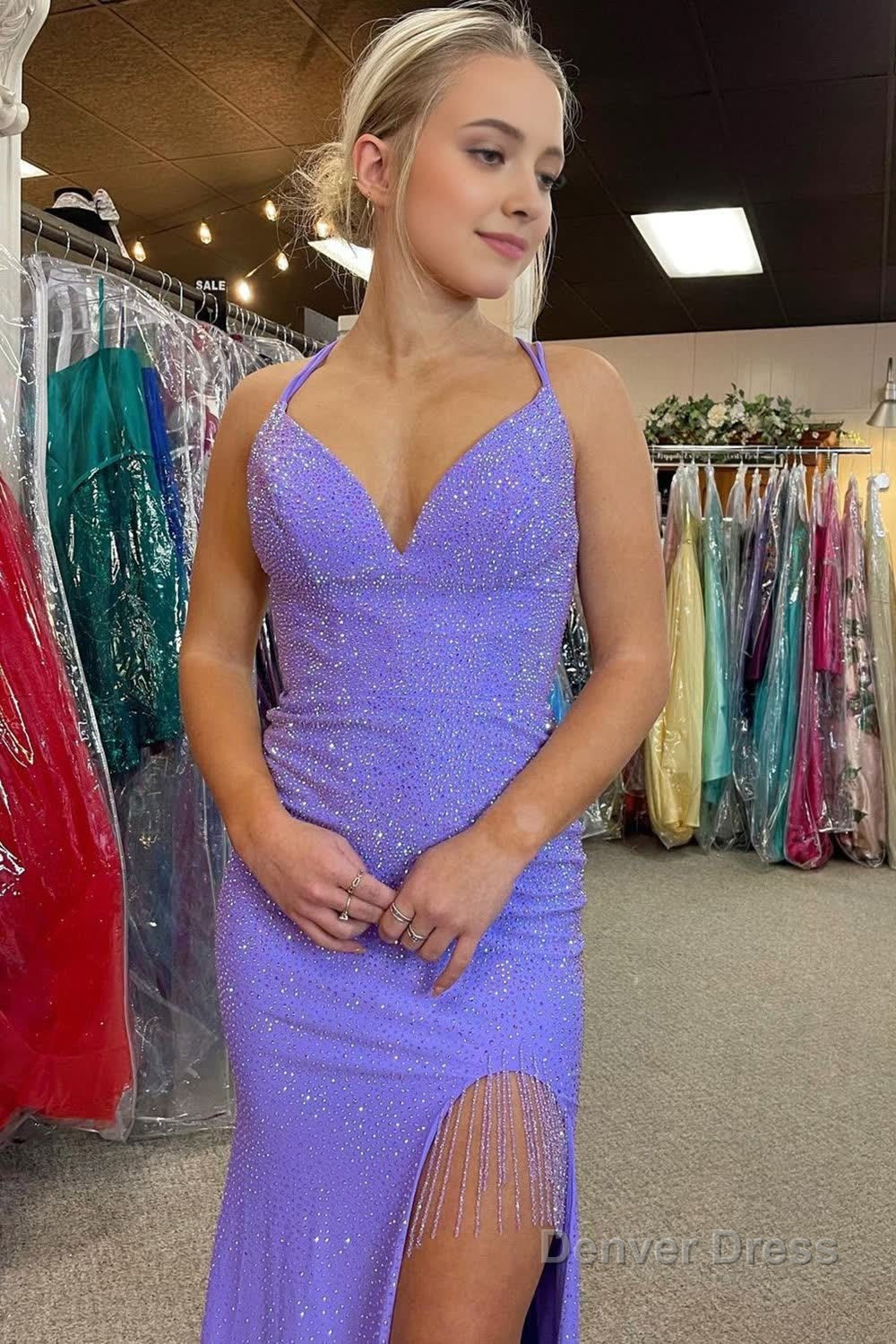 Lavender Halter Sparkly Beaded Prom Dresses with Fringes