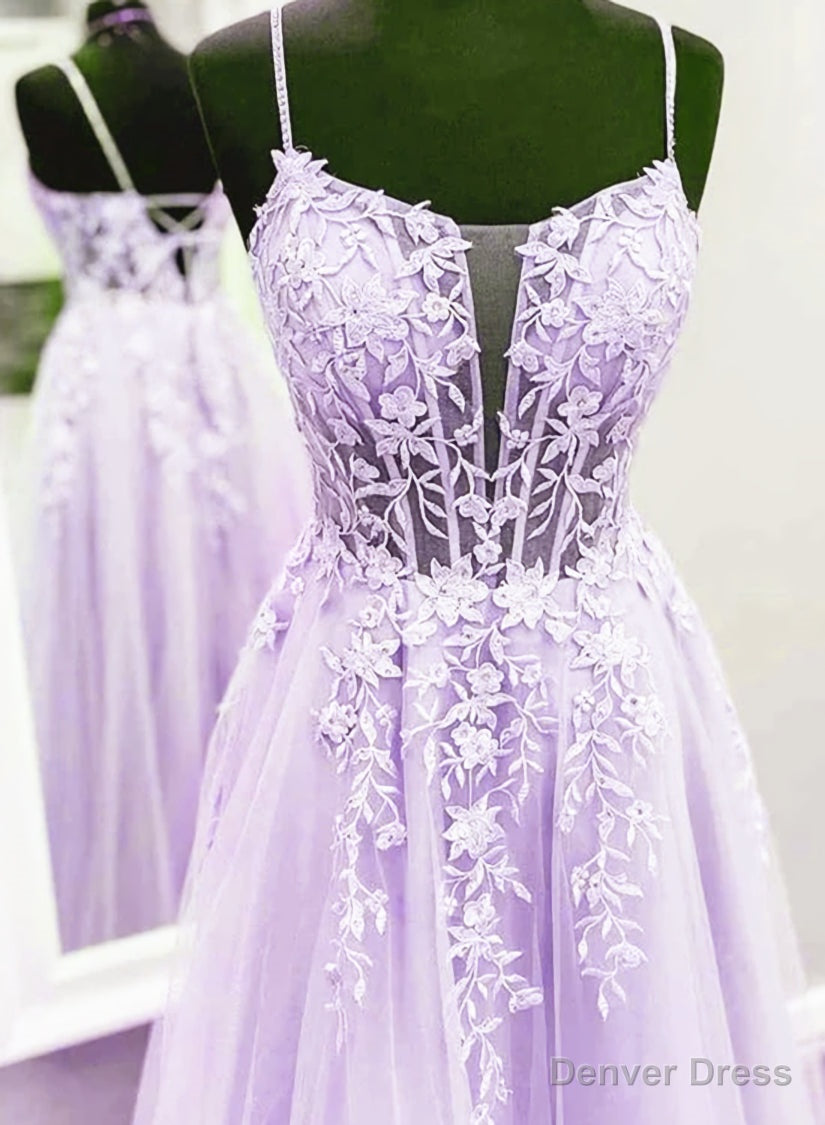 Lavender Lace Applique Tulle A Line Prom Dresses, Floor Length Prom Gowns
