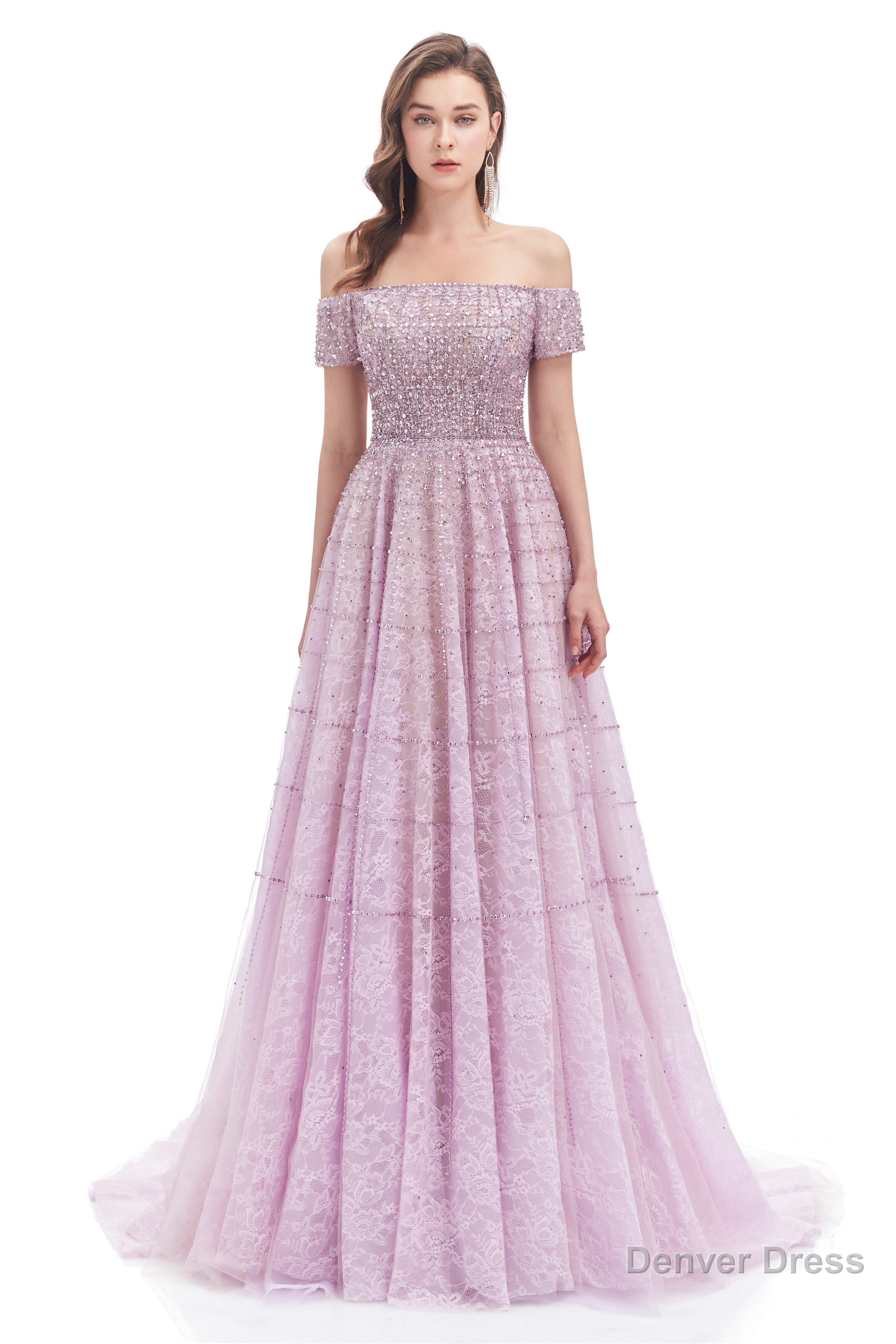 Lavender Lace Off the Shoulder Beaded Sequins Sweep Train A Line Prom Dresses Main image