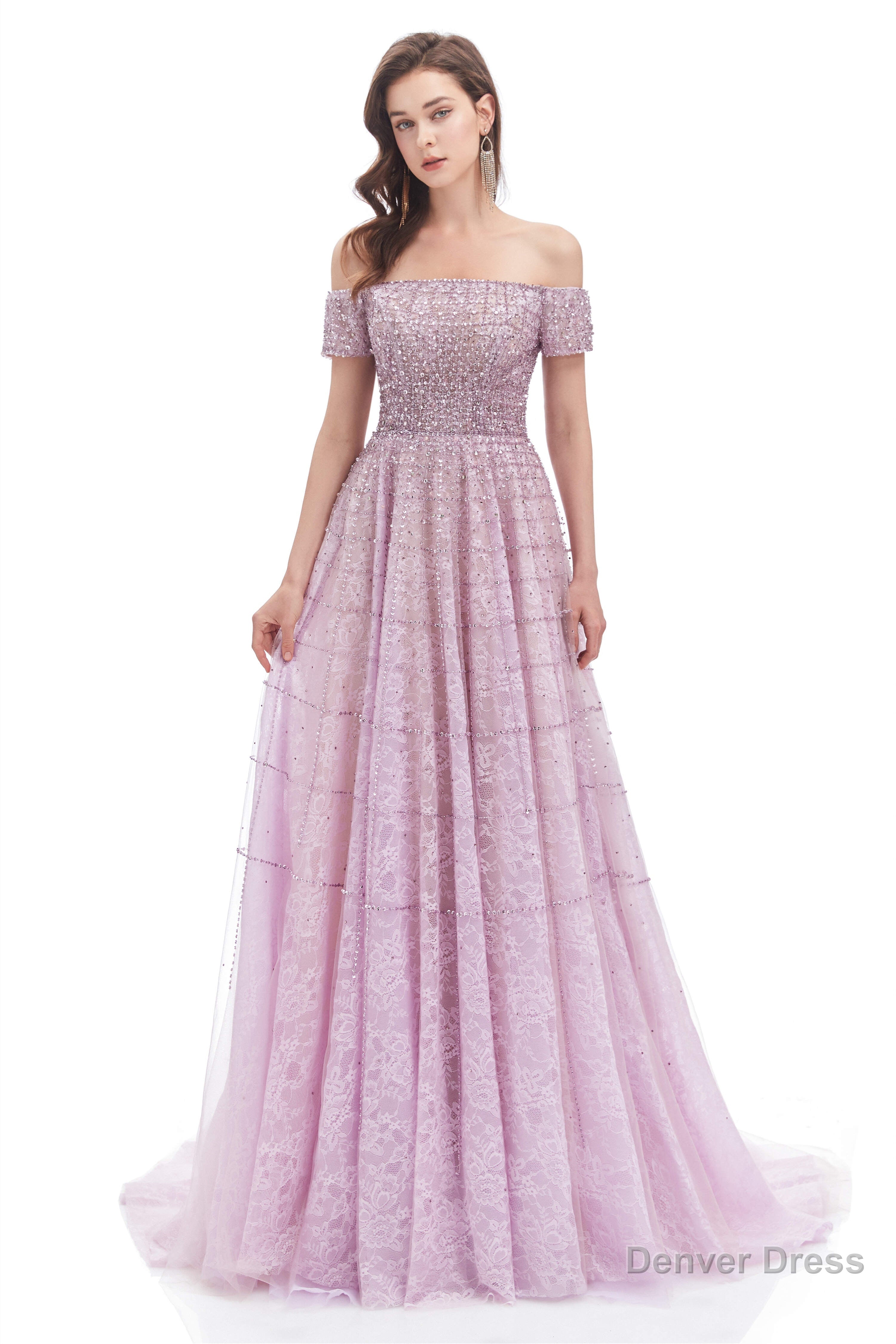 Lavender Lace Off the Shoulder Beaded Sequins Sweep Train A Line Prom Dresses Secondary image