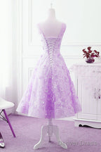 Lavender Lace Tea Length Wedding Party Dress, Vintage Style Homecoming Dress