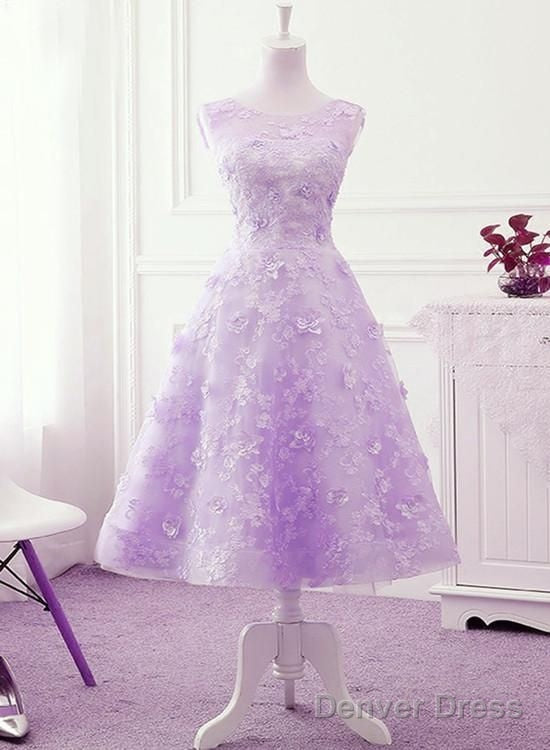Lavender Lace Tea Length Wedding Prom Dress, Vintage Style Homecoming Dresses