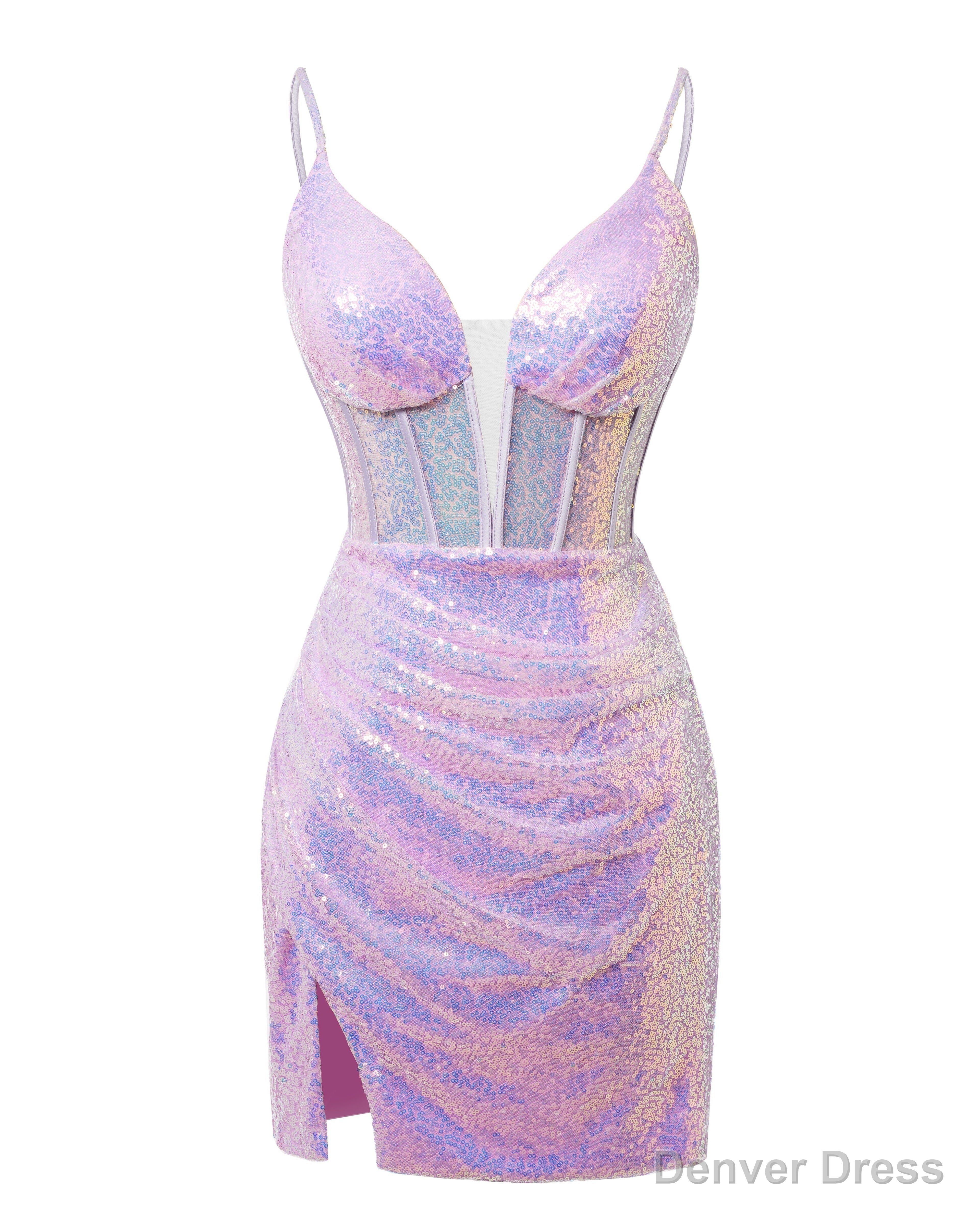Lavender Lace-Up Plunging V Neck Sequins Sheath Homecoming Dress With Split Front Short Prom Dresses