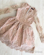 Lavender Long Sleeve Lace Homecoming Dress