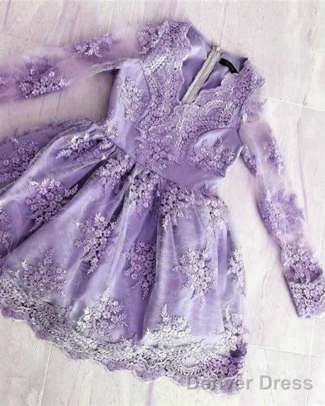 Lavender Long Sleeve Lace Homecoming Dresses