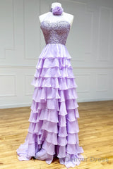 Lavender Long Tiered Violet Prom Dress Ruffle High Neck With 3D Flower
