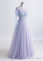 Lavender Off Shoulder Flower Lace Long Prom Dress, A Line Purple Prom Dress