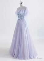 Lavender Off Shoulder Flower Lace Long Prom Dress, A Line Purple Prom Dress