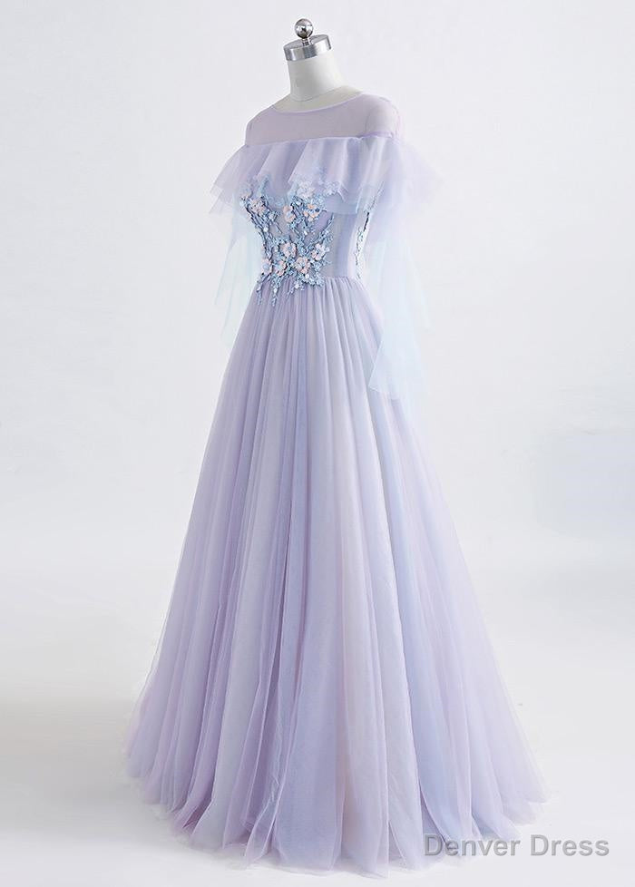 Lavender Off Shoulder Flower Lace Long Prom Dress, A Line Purple Prom Dress