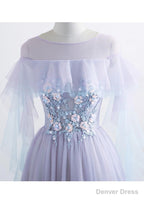 Lavender Off Shoulder Flower Lace Long Prom Dress, A Line Purple Prom Dress